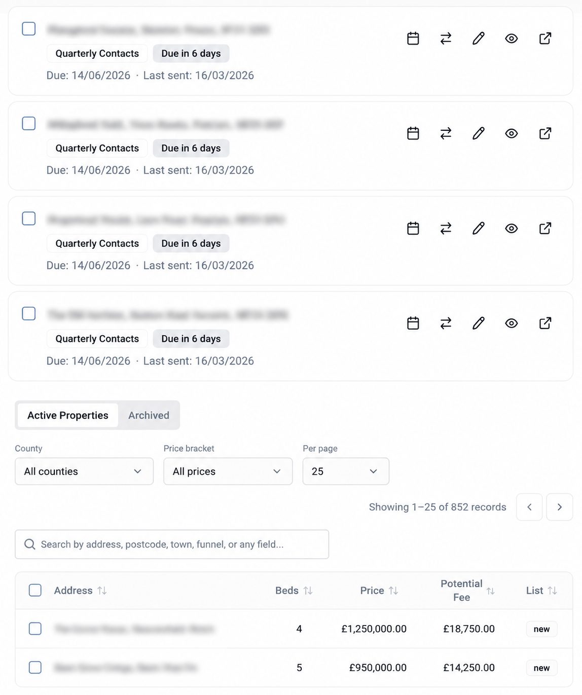 Active properties with search, filters, pricing, beds, potential fee and pipeline status